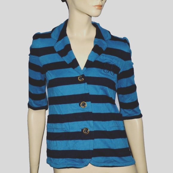 JUICY COUTURE Y2K 2000 SZ S SMALL BLUE STRIPED 3/4 SLEEVE MONOGRAM BLAZER JACKET - Picture 1 of 5